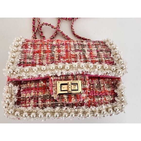 Women’s Chain‎ Pearl Pink Tweed Crossbody Bag Satchel Barbie Princess Coquette - Picture 5 of 13